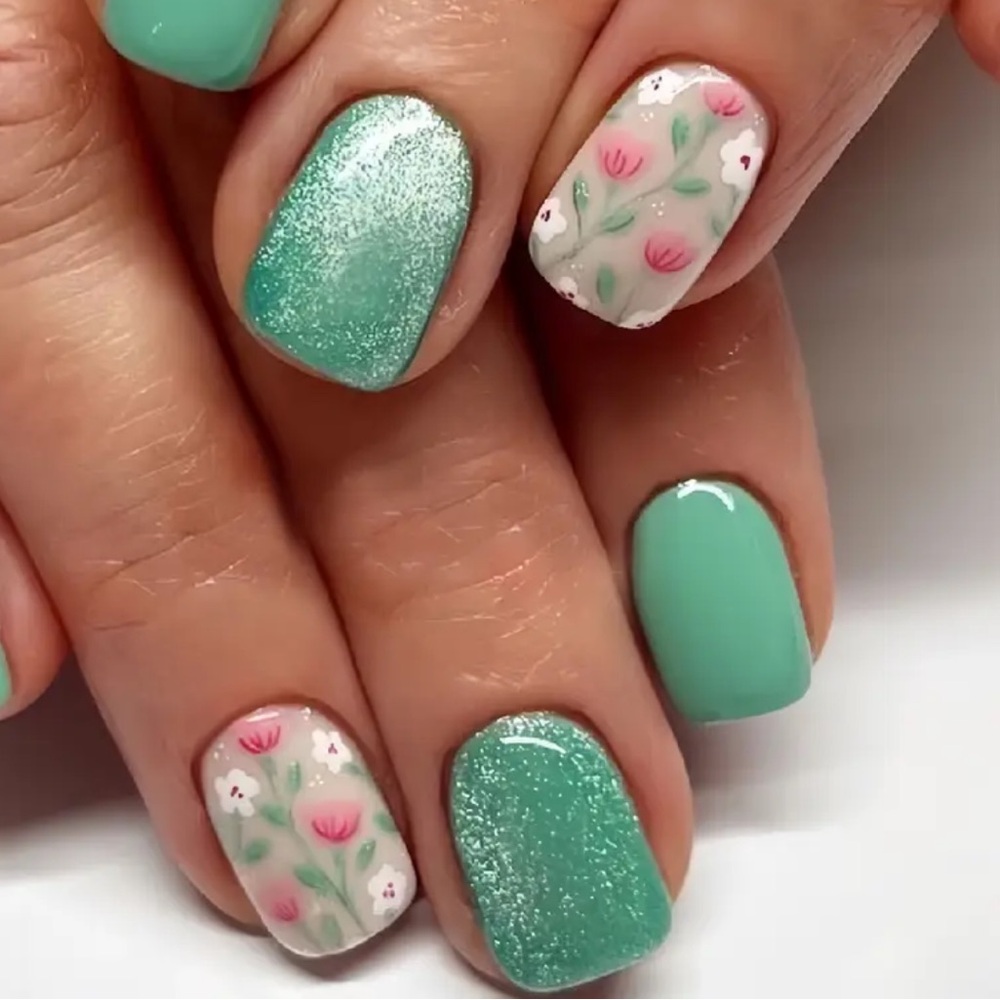 Floral Green & Pink Press on Nails